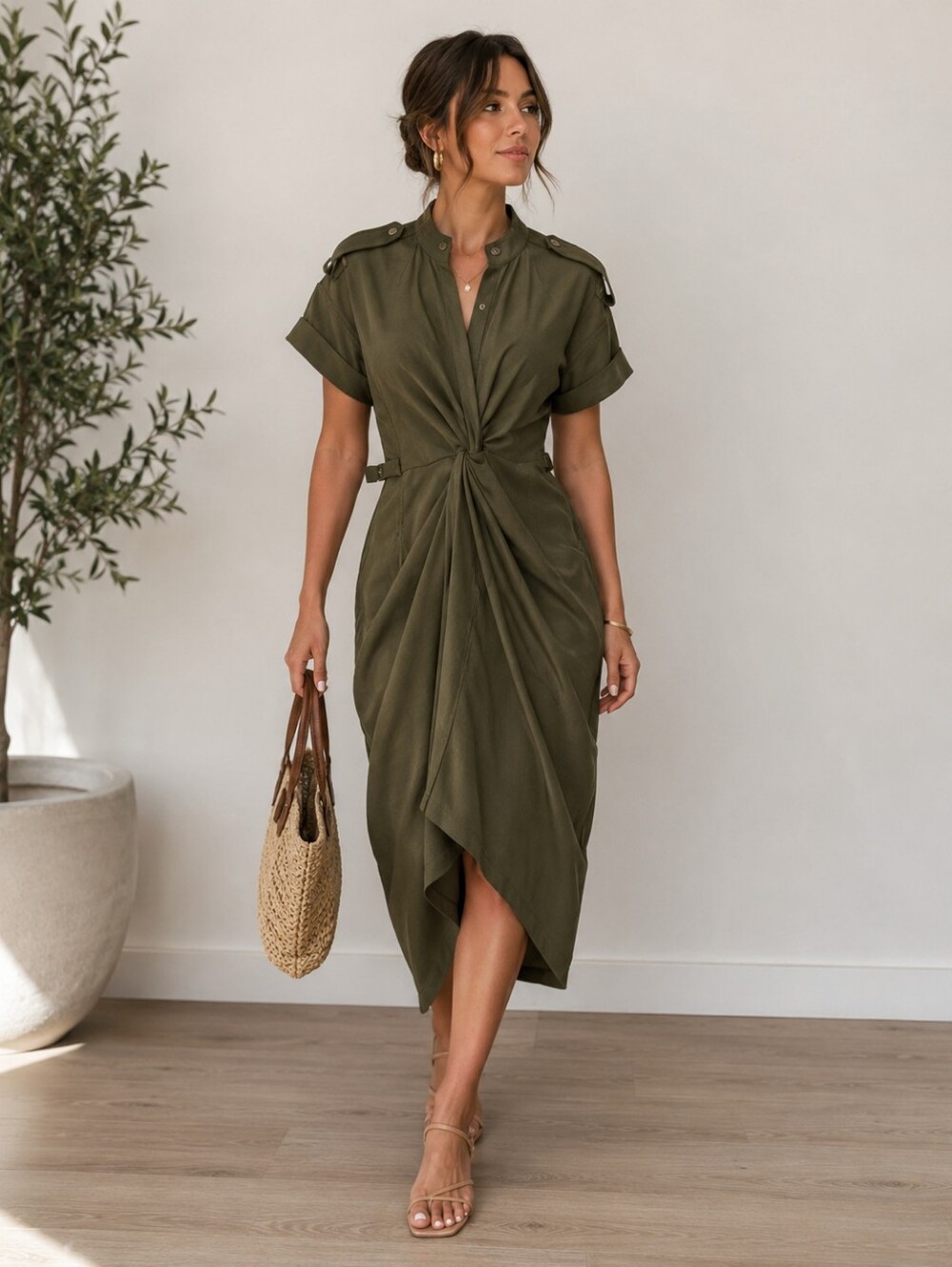 Olive Green Twist-Front Short Sleeve Dress